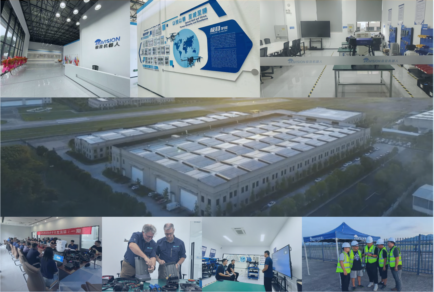 Classrooms, maintenance labs, practical training, and outdoor flight environments at EAVISION Academy's Xinchang base
